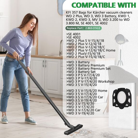 8 Stück KFI 357 Staubsaugerbeutel kompatibel mit Kärcher WD 2 Plus, WD 3, WD 3 Akku, KWD 1, KWD 2, KWD 3, MV 3, WD 3.200 bis WD 3.800 M, SE 4001, SE 4002, Ersatzteil: 2.863-314.0