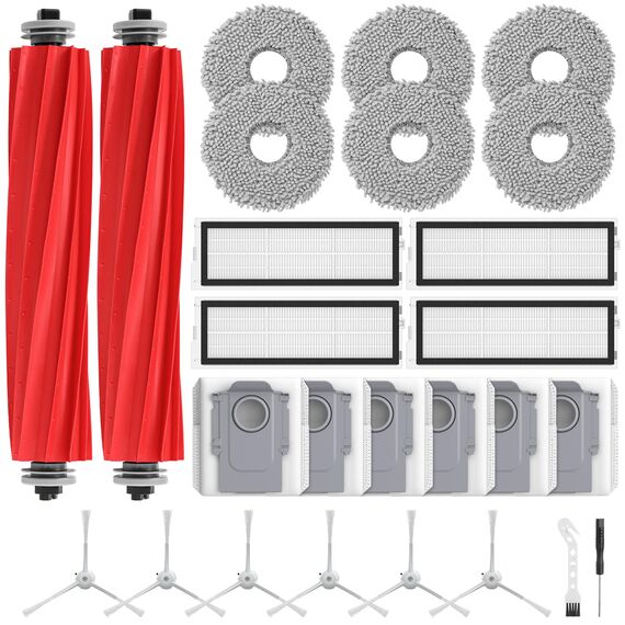 isinlive 26 Stück Zubehör Ersatzteile für Roborock Qrevo Pro/Qrevo S/Qrevo MaxV Saugroboter, 2 Rollenbürste, 4 HEPA-Filter, 6 Staubbeutel, 6 Wischtücher, 6 Seitenbürsten, 1 Reinigungsbürste
