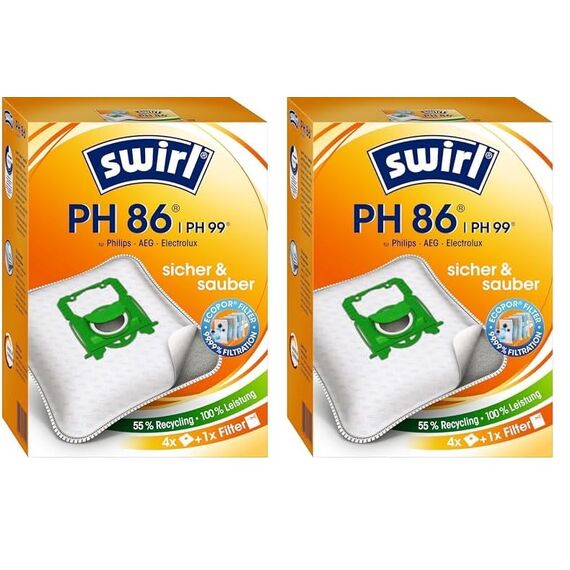 Swirl PH 86 / PH 96 EcoPor Staubsaugerbeutel für AEG, Dirt Devil, Electrolux, Philips, 4 Beutel (Packung mit 2)