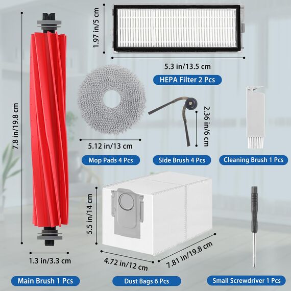 VIEWALL QV 35A Zubehör für Roborock QV 35A/QV 35S/QR 598/QR 798 Staubsauger 1 Hauptbürsten,4 HEPA-Filter,4 Staubbeutel,4 Wischtücher,4 Seitenbürsten,1 Bürste,1 Schraubendreher,19 pcs Ersatzteilset