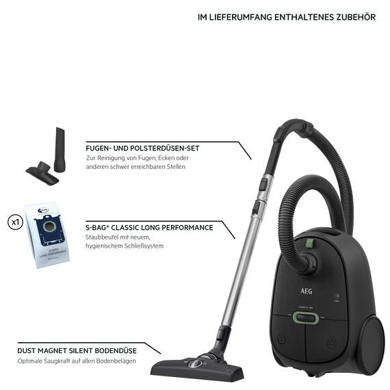 AEG CLEAN 6000 ÖKO Staubsauger mit Beutel, Hohe Saugleistung, Zusatzdüsen, XL-Räder, Edelstahl-Teleskoprohr, aus 65% Recyclingmaterial, 12 m Kabel, 850 Watt, Zubehör, Grau, AB61C1OKO