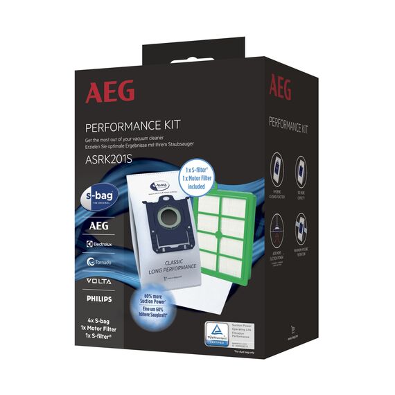 AEG ASRK201S S-Bag Performance Kit, 4X S-Bag Staubbeutel Classic Long Performance, 1x S-Filter Hygienefilter Waschbar, 1 x Motor Filter, Hohe Saugleistung, Hygieneverschluss, Beutelsauger