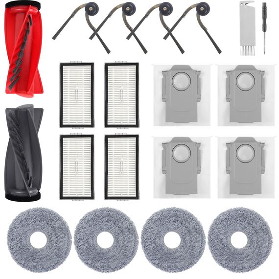 Spofan Zubehör Ersatz für Roborock Saros 10R, Qrevo CurvX, Qrevo Curv 2 Pro/2 ProX Saugroboter, 1 Hauptbürste, 4 Seitenbürsten, 4 HEPA Filter, 4 Wischtücher, 4 Staubbeutel, 1 Reinigungsbürste