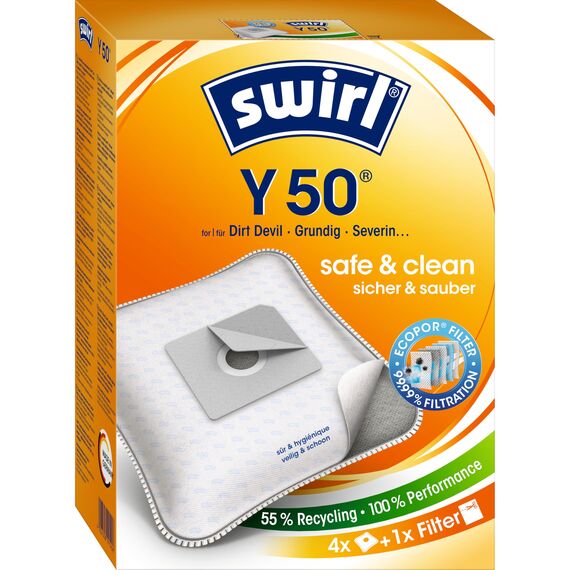 Swirl Y 50 EcoPor Staubsaugerbeutel (4 Beutel), reißfeste Staubbeutel für einige Dirt Devil, Grundig & Severin Staubsauger, 99,9% Filterung von Hausstaub & allergenem Feinstaub