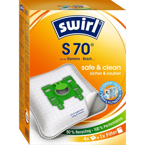 Swirl S 70 EcoPor Staubsaugerbeutel (4 Beutel), reißfeste Staubbeutel für einige Siemens & Bosch Staubsauger, 99,9% Filterung von Hausstaub & allergenem Feinstaub