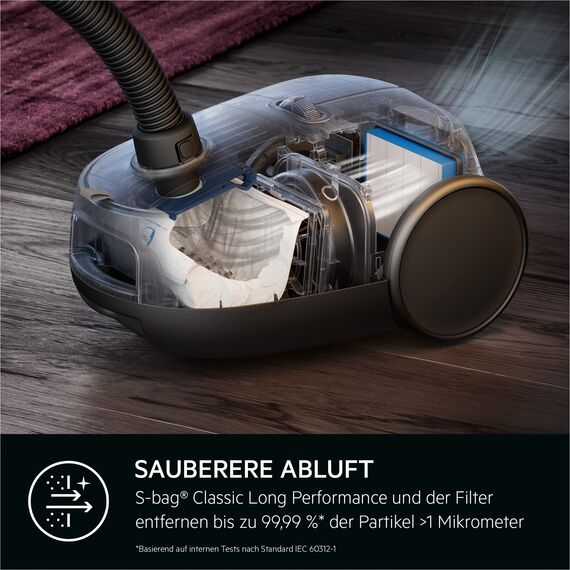 AEG CLEAN 6000 ÖKO Staubsauger mit Beutel, Hohe Saugleistung, Zusatzdüsen, XL-Räder, Edelstahl-Teleskoprohr, aus 65% Recyclingmaterial, 12 m Kabel, 850 Watt, Zubehör, Grau, AB61C1OKO