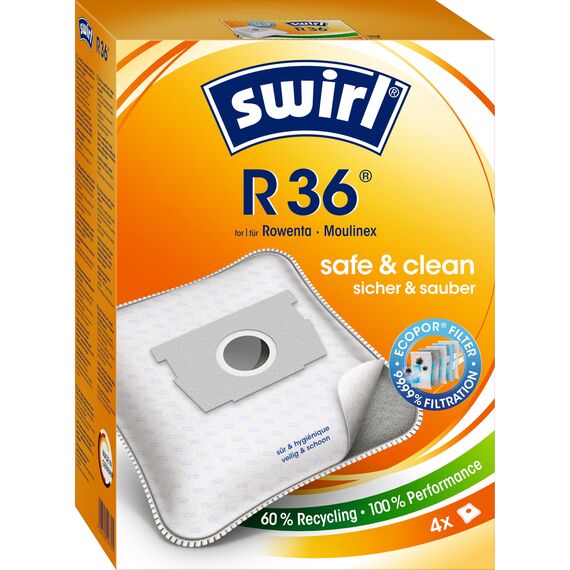 Swirl R 36 EcoPor Staubsaugerbeutel (4 Beutel), reißfeste Staubbeutel für einige Rowenta & Moulinex Staubsauger, 99,9% Filterung von Hausstaub & allergenem Feinstaub