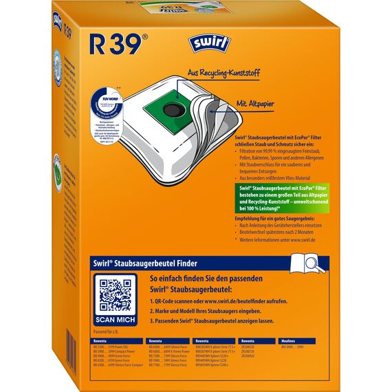 Swirl R 39 EcoPor Staubsaugerbeutel (4 Beutel), reißfeste Staubbeutel für einige Rowenta & Moulinex Staubsauger, 99,9% Filterung von Hausstaub & allergenem Feinstaub