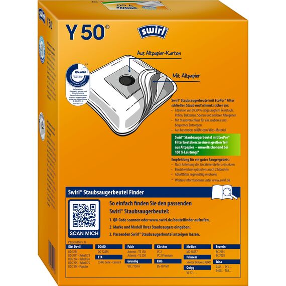 Swirl Y 50 EcoPor Staubsaugerbeutel (4 Beutel), reißfeste Staubbeutel für einige Dirt Devil, Grundig & Severin Staubsauger, 99,9% Filterung von Hausstaub & allergenem Feinstaub
