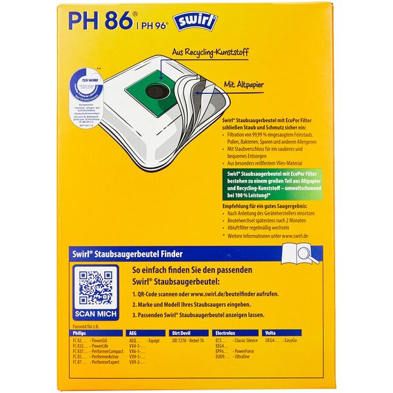 Swirl PH 86 / PH 96 EcoPor Staubsaugerbeutel für AEG, Dirt Devil, Electrolux, Philips, 4 Beutel (Packung mit 2)