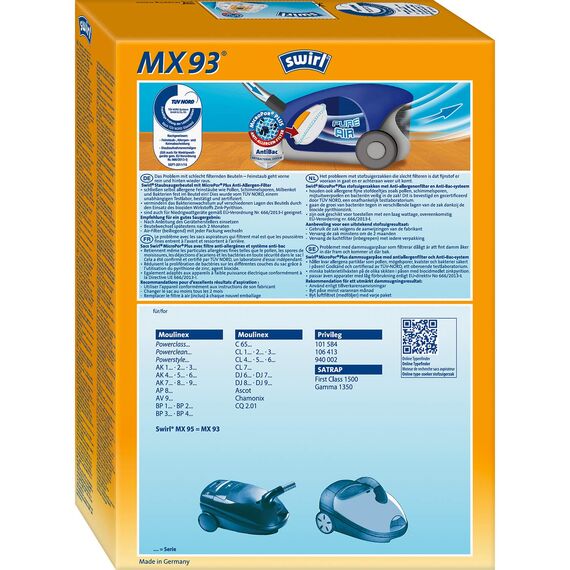 Swirl MX 93 MicroPor Plus Staubsaugerbeutel für Moulinex Staubsauger, Anti-Allergen-Filter, 4 Stück inkl. Filter (Pack of 3)