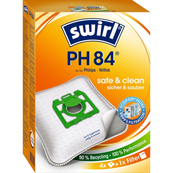 Swirl PH 84 EcoPor Staubsaugerbeutel (4 Beutel), reißfeste Staubbeutel für einige Philips & Nilfisk Staubsauger, 99,9 % Filterung von Hausstaub & allergenem Feinstaub