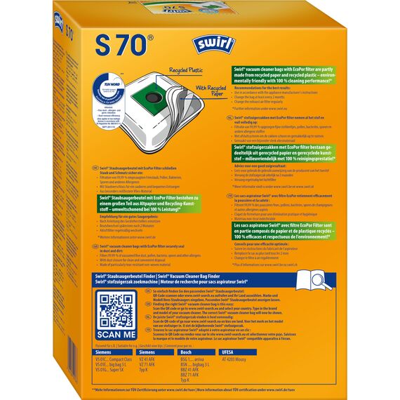 Swirl S 70 EcoPor Staubsaugerbeutel (4 Beutel), reißfeste Staubbeutel für einige Siemens & Bosch Staubsauger, 99,9% Filterung von Hausstaub & allergenem Feinstaub