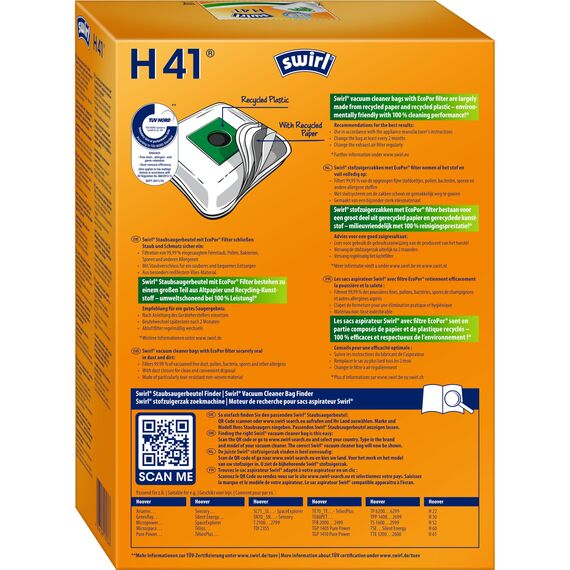 Swirl H 41 EcoPor Staubsaugerbeutel (4 Beutel), reißfeste Staubbeutel für einige Hoover Staubsauger, 99,9% Filterung von Hausstaub & allergenem Feinstaub
