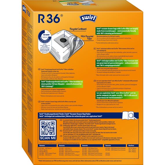 Swirl R 36 EcoPor Staubsaugerbeutel (4 Beutel), reißfeste Staubbeutel für einige Rowenta & Moulinex Staubsauger, 99,9% Filterung von Hausstaub & allergenem Feinstaub