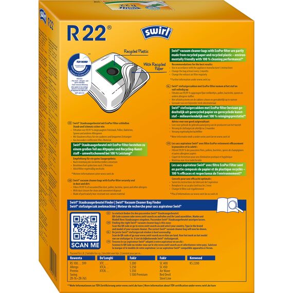Swirl R 22 EcoPor Staubsaugerbeutel (4 Beutel), reißfeste Staubbeutel für einige Rowenta & Fakir Staubsauger, 99,9% Filterung von Hausstaub & allergenem Feinstaub