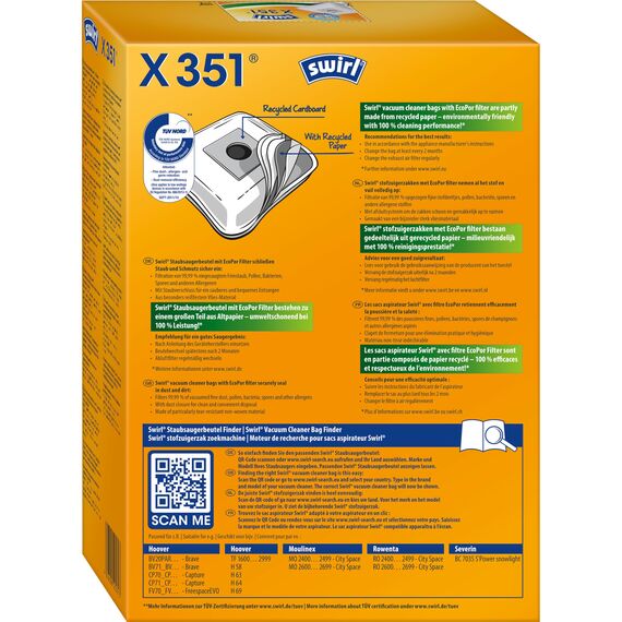 Swirl X 351 EcoPor Staubsaugerbeutel (4 Beutel), reißfeste Staubbeutel für einige Hoover, Rowenta & Severin Staubsauger, 99,9% Filterung von Hausstaub & allergenem Feinstaub