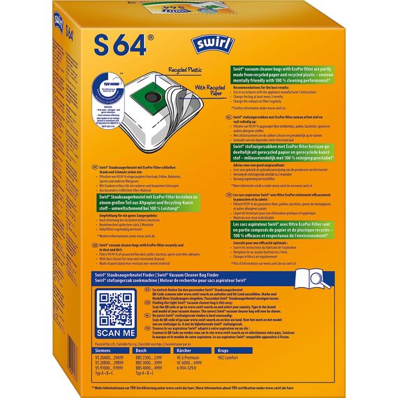 Swirl S 64 EcoPor Staubsaugerbeutel für Siemens, Bosch, Kärcher, 4 Beutel