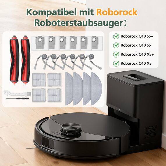 24 Stück Zubehör Ersatzteile für Roborock Q10 S5+/Q10 S5/Q10 X5+/Q10 X5 Saugroboter, 2 Rollenbürste, 4 HEPA-Filter, 4 Wischtücher, 6 Seitenbürsten, 6 Staubbeutel, 1 Reinigungsbürste
