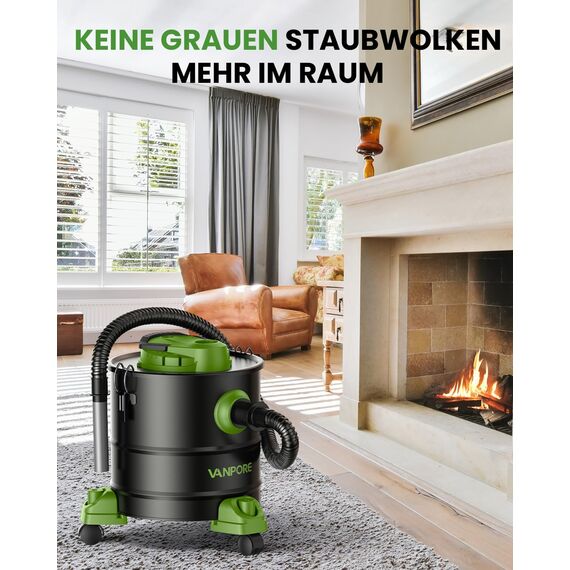VANPORE Aschesauger, 5,2 Gallonen, mit 1200 W Saugleistung, Fahrgestell, Aschesauger für Pelletöfen, Kamine, Grill, Holzofen, Feuerstellen, Grün