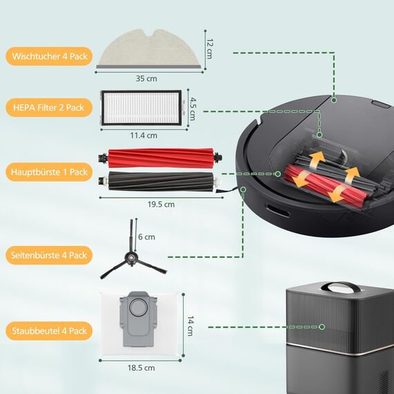 17 Stück Zubehör für Roborock Q5 Pro+ /Q5 Pro/ Q5 Max+/ Q8 Max+ /Q8 Max Staubsauger, 2 Hauptbürsten, 2 HEPA-Filter, 4 Tücher, 4 Staubbeutel, 4 Seitenbürsten-Ersatzteilset