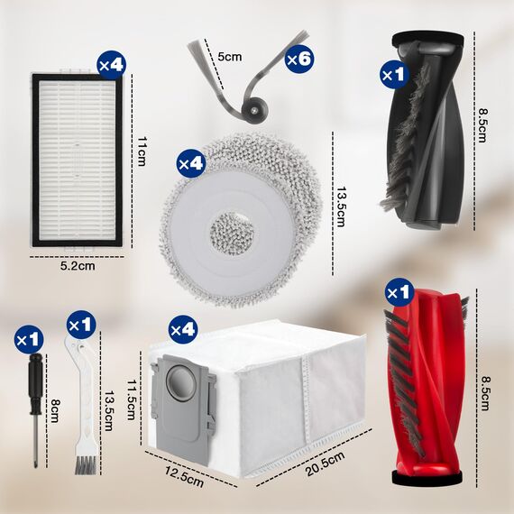 20 Stück Staubsauger Zubehör für Roborock Saros 10R / Qrevo CurvX Saugroboter, 2 Hauptbürste, 4 Wischtücher, 4 Filter, 6 Seitenbürsten, 4 Staubbeutel, 1 Reinigungsbürste, 1 Schraubschrauber