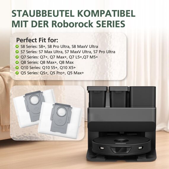 8 Pack Staubbeutel kompatibel mit Roborock S8 Pro Ultra /Q5 Max+/S7 MaxV Ultra/Q7+ /Q8 Max+/S8 Maxv Ultra/Q5 Pro+/Q7 L5+/M5+ Staubsauger, 3,4L Große Kapazität Staubsaugerbeutel Ersatzbeutel