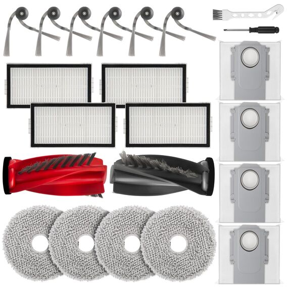 20 Stück Staubsauger Zubehör für Roborock Saros 10R / Qrevo CurvX Saugroboter, 2 Hauptbürste, 4 Wischtücher, 4 Filter, 6 Seitenbürsten, 4 Staubbeutel, 1 Reinigungsbürste, 1 Schraubschrauber