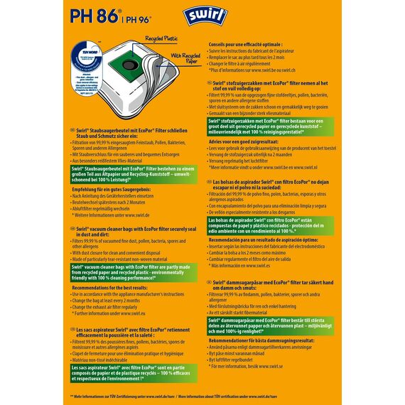 Swirl PH 86 EcoPor Staubsaugerbeutel (10 Beutel), reißfeste Staubbeutel für einige Philips, AEG, Electrolux & Volta Staubsauger, im umweltfreundlichen Umkarton, 99,9% Filterung von Hausstaub