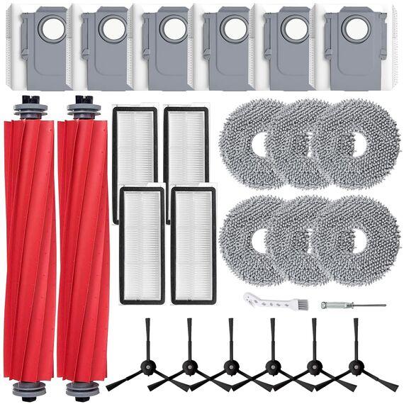HoHumoca Zubehör für Roborock Qrevo S/Qrevo Pro/Qrevo MaxV/Qrevo Plus Saugroboter, Ersatzteile mit 2 Hauptbürsten, 4 HEPA Filter, 6 Wischpads, 6 Staubbeutel, 6 Seitenbürsten