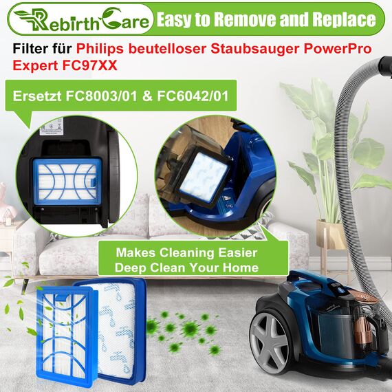 Rebirthcare 2 stück filter für philips powerpro expert fc9729 fc9741 fc9742 fc9743 fc9744 fc9745 fc9746 staubsauger ersatzfilter ersatzteile zubehör power cyclone 8 filter,ersetzt fc8003/01 fc6042/01