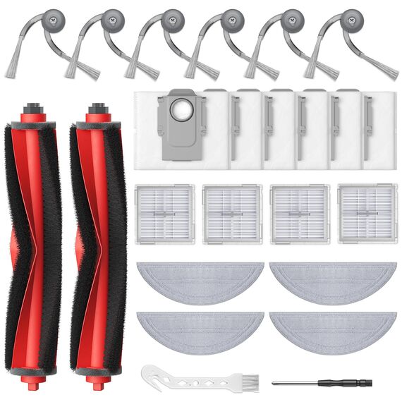 24 Stück Zubehör Ersatzteile für Roborock Q10 S5+/Q10 S5/Q10 X5+/Q10 X5 Saugroboter, 2 Rollenbürste, 4 HEPA-Filter, 4 Wischtücher, 6 Seitenbürsten, 6 Staubbeutel, 1 Reinigungsbürste