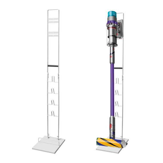 Bison Ständer für Dyson Akkusauger – Organizer & Halterung für Dyson V15s, V15, V12 Slim, V11, V10, V8, V7, V6, DC30 – DC35 Standfuß mit Rahmen für Dyson Akkusauger (Weiss mit Holzgriff)