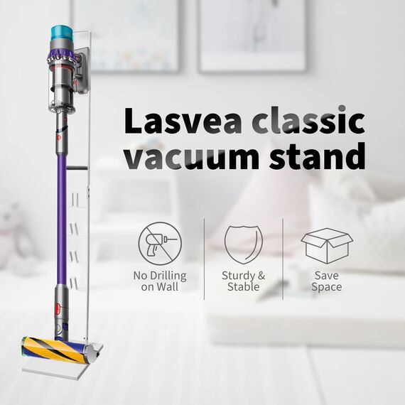 Bison Ständer für Dyson Akkusauger – Organizer & Halterung für Dyson V15s, V15, V12 Slim, V11, V10, V8, V7, V6, DC30 – DC35 Standfuß mit Rahmen für Dyson Akkusauger (Weiss mit Holzgriff)