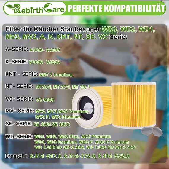 Rebirthcare 3 Stück WD3 Filter für Kärcher WD3 Premium WD2 WD3 WD3P WD1 MV2 MV3 A2604 A2004 A2204 A2054 SE4001 SE4002 Patronenfilter Ersatzfilter Staubsauger für karcher 6.414-552.0/64145520