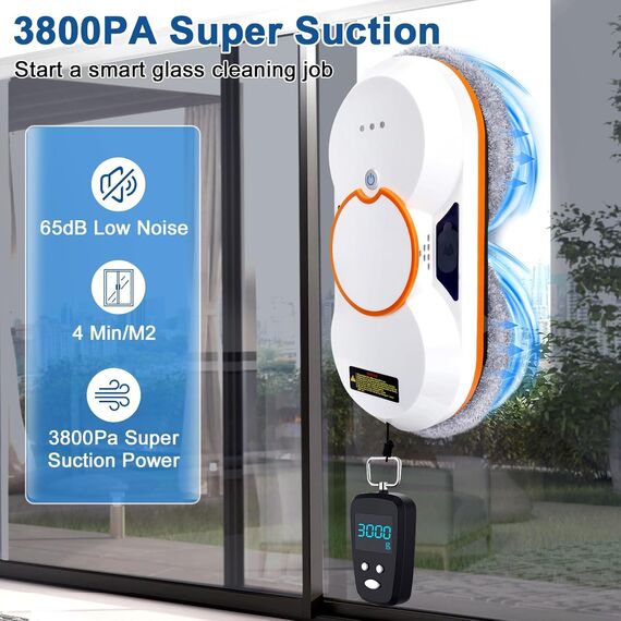 Fensterreinigungsroboter mit automatischem Wasserstrahl, 5600 PA, automatischer Fensterreiniger, intelligente Navigation, Fernbedienung, für glatte Oberflächen, mit 10 Reinigungstüchern (D 5600 Pa)