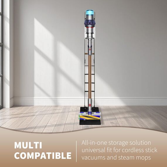 Bison Ständer für Dyson Akkusauger – Organizer & Halterung für Dyson V15s, V15, V12 Slim, V11, V10, V8, V7, V6, DC30 – DC35 Standfuß mit Rahmen für Dyson Akkusauger (Schwarz mit Holzgriff)