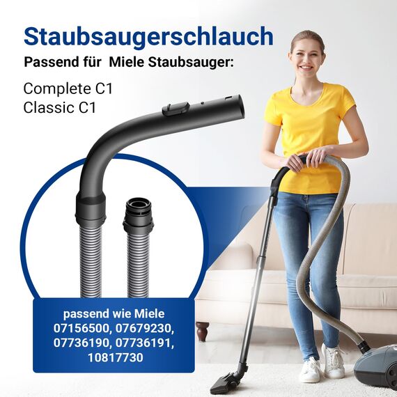 VIOKS Staubsaugerschlauch 1,8m mit Geräteanschluss und Handgriff Ersatz für Miеle Staubsaugerschlauch 07736191 10817730 - Saugschlauch für 35mm Rohr Bodenstaubsauger Serie Complete C1 Classic C1