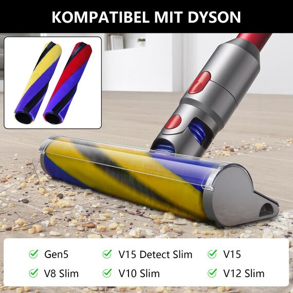 Yivy Ersatz Bürstenwalze für Dyson Gen5/V15 und V15 Detect Slim /V12 Slim /V10 Slim/V8 Slim Series Staubsauger Softwalzen Bodendüse, Gelb und Blau Fluffy Bürstenleiste Teil Nr. 971634-01