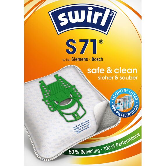 Swirl S 71 EcoPor Staubsaugerbeutel (10 Beutel), reißfeste Staubbeutel für einige Siemens & Bosch Staubsauger, im umweltfreundlichen Umkarton, 99,9% Filterung von Hausstaub & allergenem Feinstaub