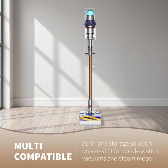 Bison Ständer für Dyson Akkusauger – Organizer & Halterung für Dyson V15s, V15, V12 Slim, V11, V10, V8, V7, V6, DC30 – DC35 Standfuß mit Rahmen für Dyson Akkusauger (Weiss mit Holzgriff)