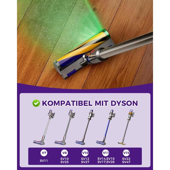 V15 Bodenbürste Ersatz für Dyson V7 V8 V10 V11 V15,LED-Beleuchtete Bürste mit grünem Licht,Anti-Tangle Bodendüse für Hartböden,Ersatzbürste & Zubehör für Dyson