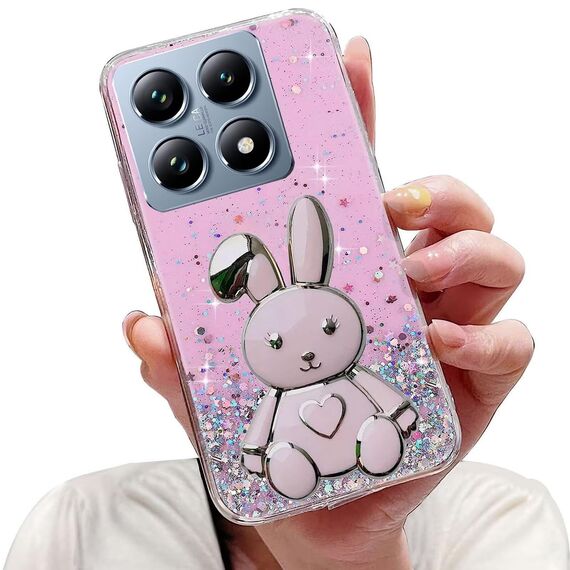 Nadoli für Xiaomi 14T Herz Hase Versteckt Ständer Hülle,Karikatur Glitzer Ständer Weiche Silikon Bling Durchsichtig Schutzhülle,Rosa