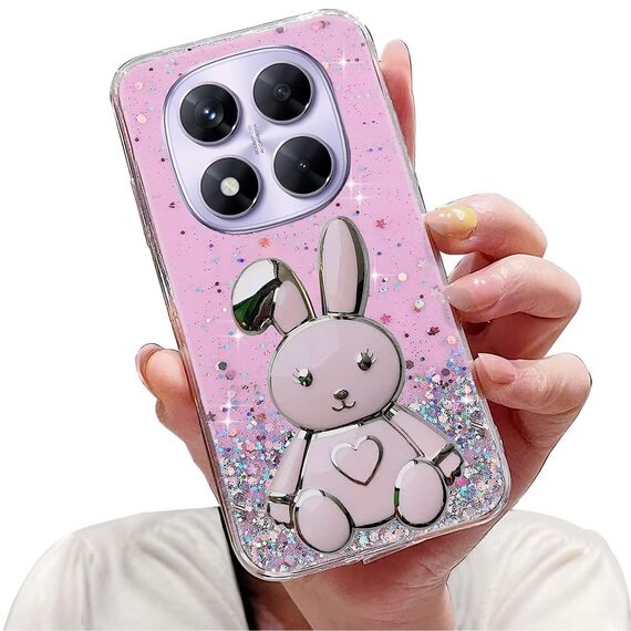 Nadoli für Xiaomi Redmi Note 14 Pro 5G Herz Hase Versteckt Ständer Hülle,Karikatur Glitzer Ständer Weiche Silikon Bling Durchsichtig Schutzhülle,Rosa