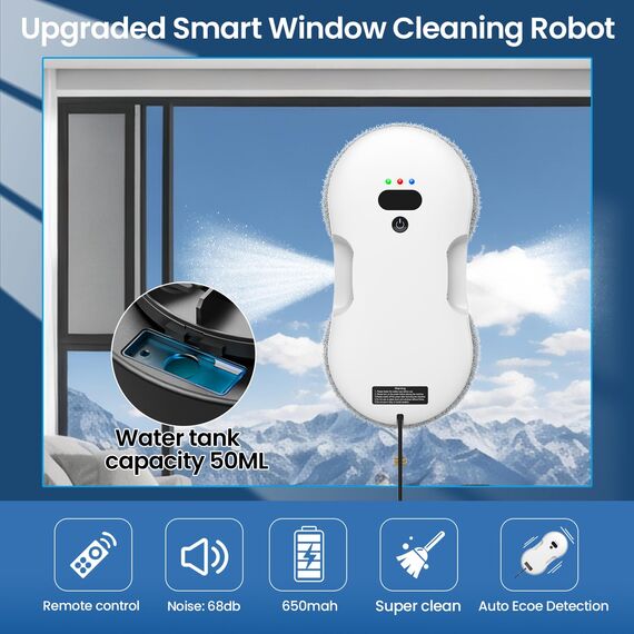 Oamger Fensterreinigungsroboter mit automatischem Wasserstrahl, 5600 PA, automatischer Fensterreiniger, intelligente Navigation, Fernbedienung, für glatte Oberflächen, mit 10 Reinigungstüchern (E