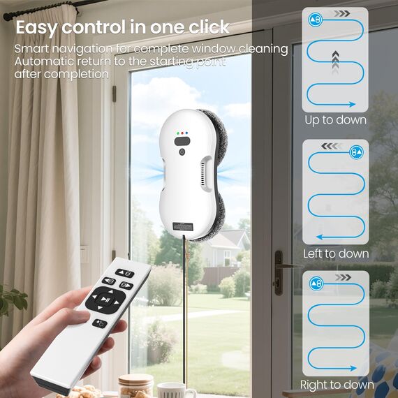 Oamger Fensterreinigungsroboter mit automatischem Wasserstrahl, 5600 PA, automatischer Fensterreiniger, intelligente Navigation, Fernbedienung, für glatte Oberflächen, mit 10 Reinigungstüchern (E
