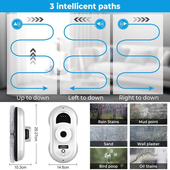 IERAKOR Fensterputzroboter, Fensterroboter mit 5600 Pa Saugleistung, 3 Reinigungsmodi, 10 Lappen, Intelligente Pfadplanung und Randerkennung, Fensterreiniger Elektrisch für Vertikale, Glatte Flächen