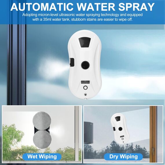 Umelee Fensterputzroboter mit Wassersprühfunktion & Wegplanung, 2800 Pa Saugkraft, Kantenerkennung, Fernbedienung, 10 Reinigungstüchern, Automatischer Fensterroboter für Hochhausfenster Fliesen Glas