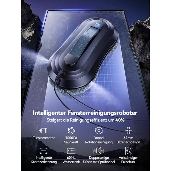 Yeerain Fensterputzroboter mit Sprühfunktion, Turbo Boost Saugkraft 7000Pa, Leiser Betrieb, 3 Reinigungsmodi, Intelligente Wegplanung, Randerkennung, Inklusive 10 Reinigungstüchern