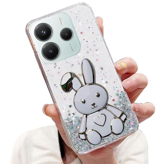 Nadoli für Xiaomi Redmi Note 14 5G Herz Hase Versteckt Ständer Hülle,Karikatur Glitzer Ständer Weiche Silikon Bling Durchsichtig Schutzhülle,Klar